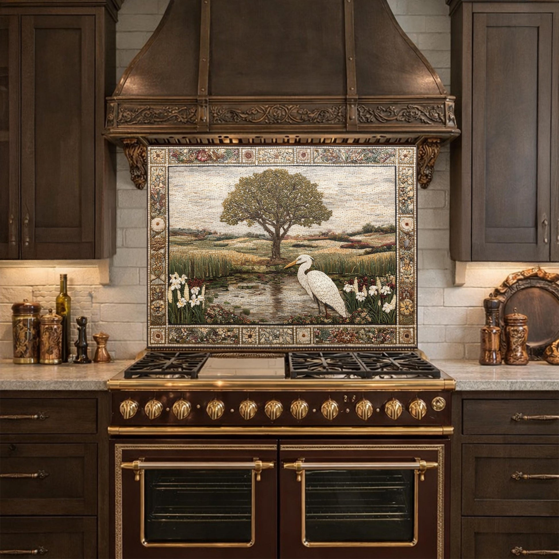 Heron Landscape Tempered Glass Backsplash, Rustic Nature Kitchen Decor, Stove Panel