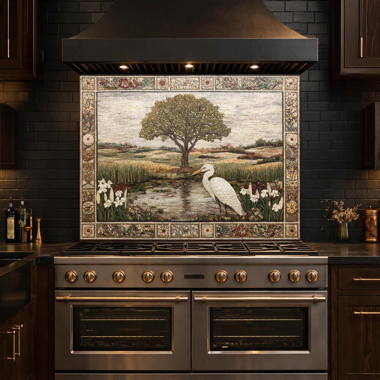Heron Landscape Tempered Glass Backsplash, Rustic Nature Kitchen Decor, Stove Panel