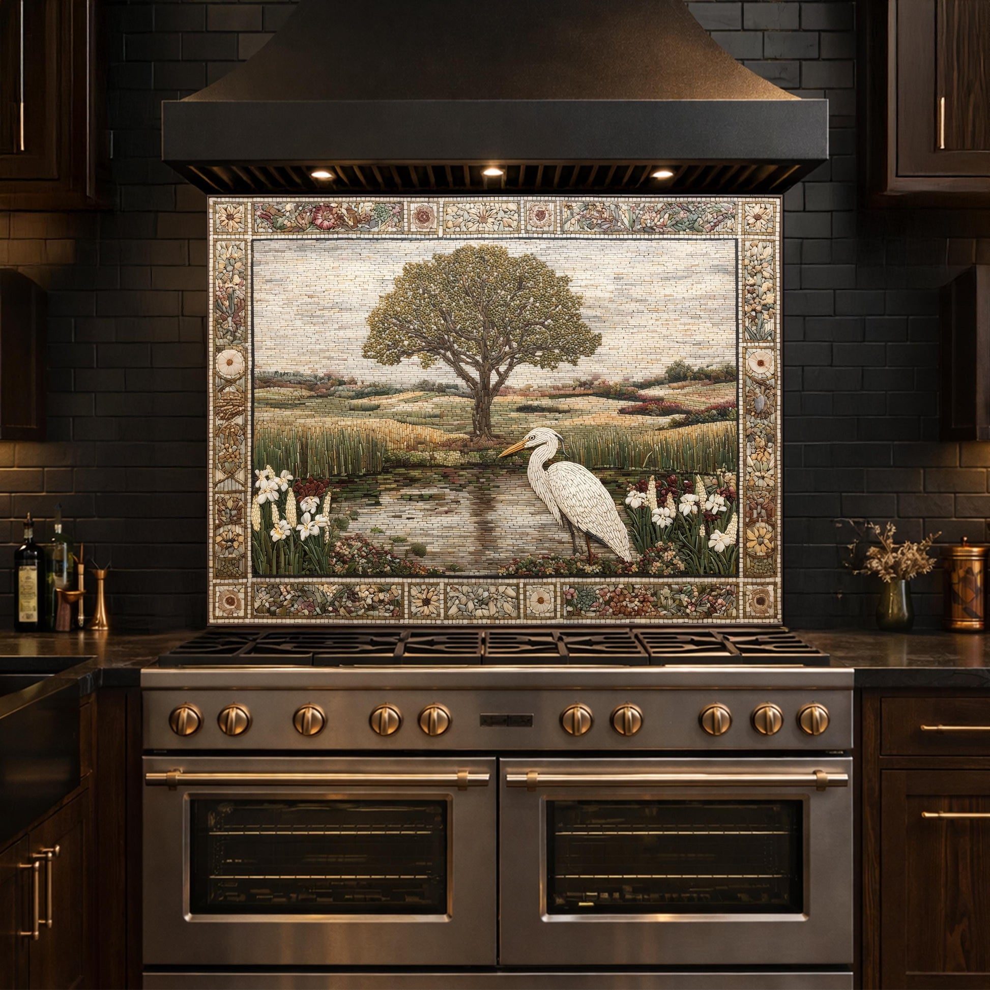 Heron Landscape Tempered Glass Backsplash, Rustic Nature Kitchen Decor, Stove Panel