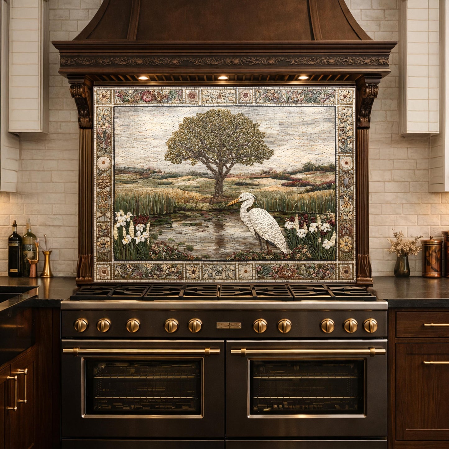 Heron Landscape Tempered Glass Backsplash, Rustic Nature Kitchen Decor, Stove Panel