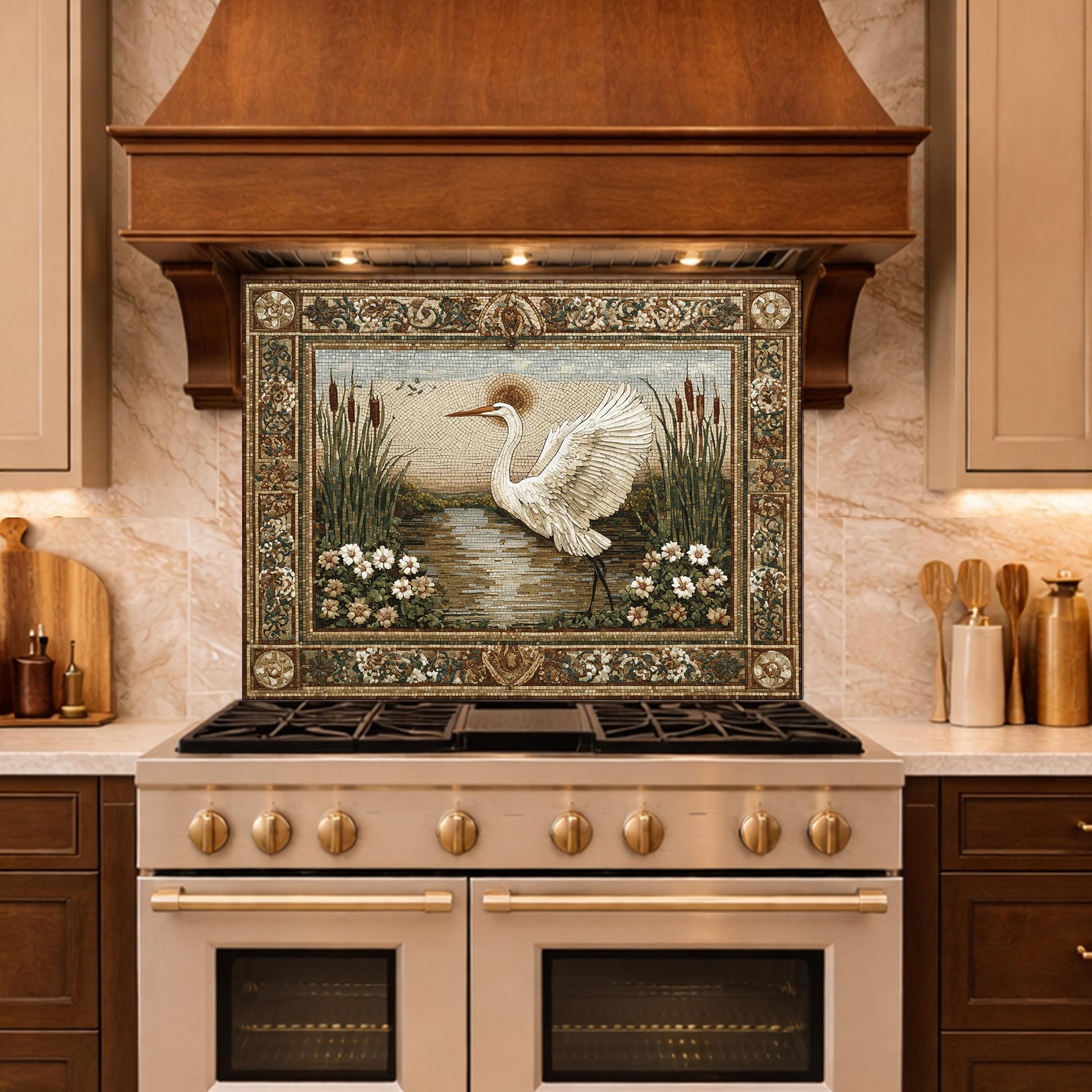 Heron Mosaic Tempered Glass Kitchen Backsplash, Nature Wildlife Decor
