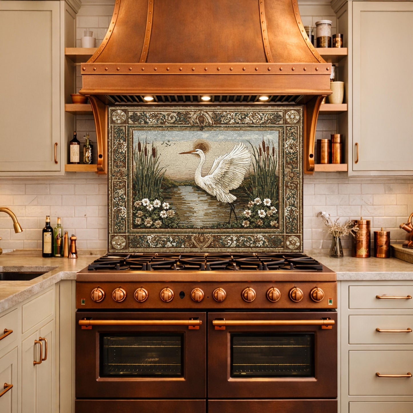 Heron Mosaic Tempered Glass Kitchen Backsplash, Nature Wildlife Decor