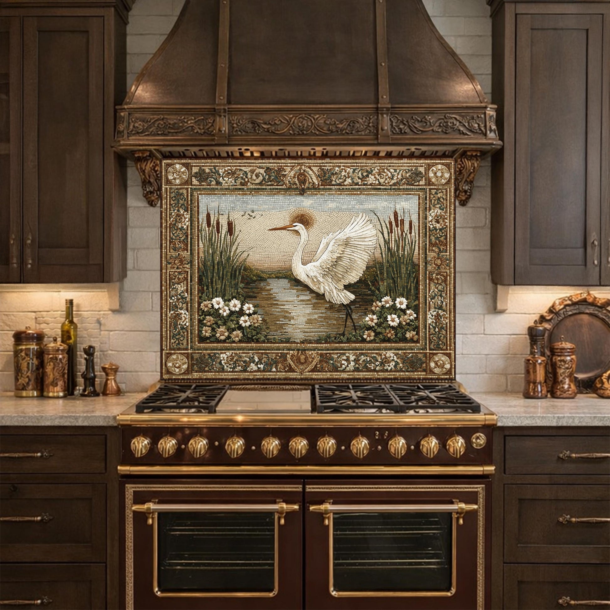 Heron Mosaic Tempered Glass Kitchen Backsplash, Nature Wildlife Decor