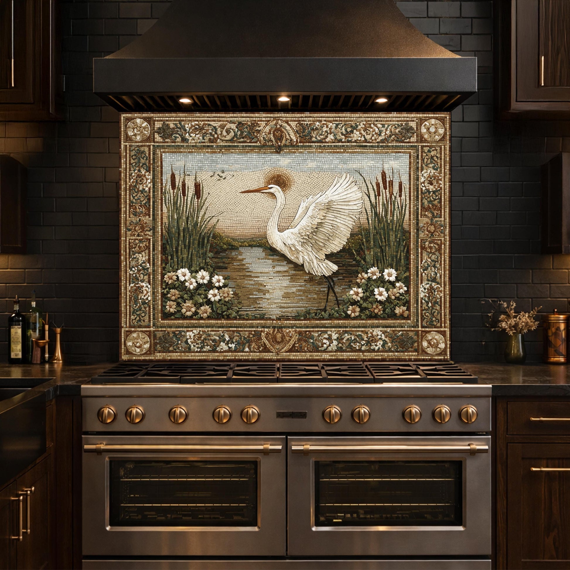 Heron Mosaic Tempered Glass Kitchen Backsplash, Nature Wildlife Decor
