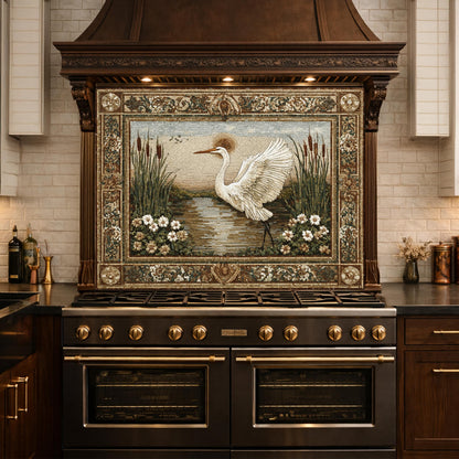 Heron Mosaic Tempered Glass Kitchen Backsplash, Nature Wildlife Decor