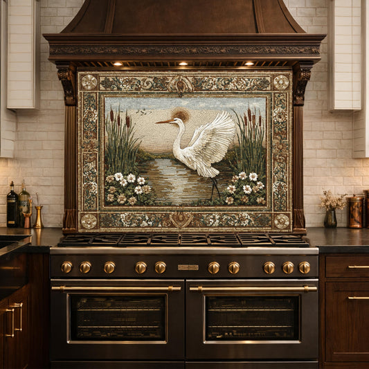 Heron Mosaic Tempered Glass Kitchen Backsplash, Nature Wildlife Decor