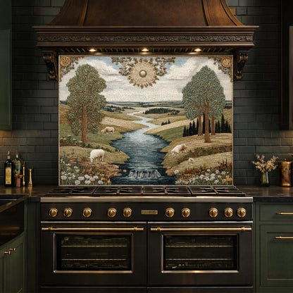 Farmhouse Landscape Tempered Glass Backsplash, Rustic Country Kitchen Decor