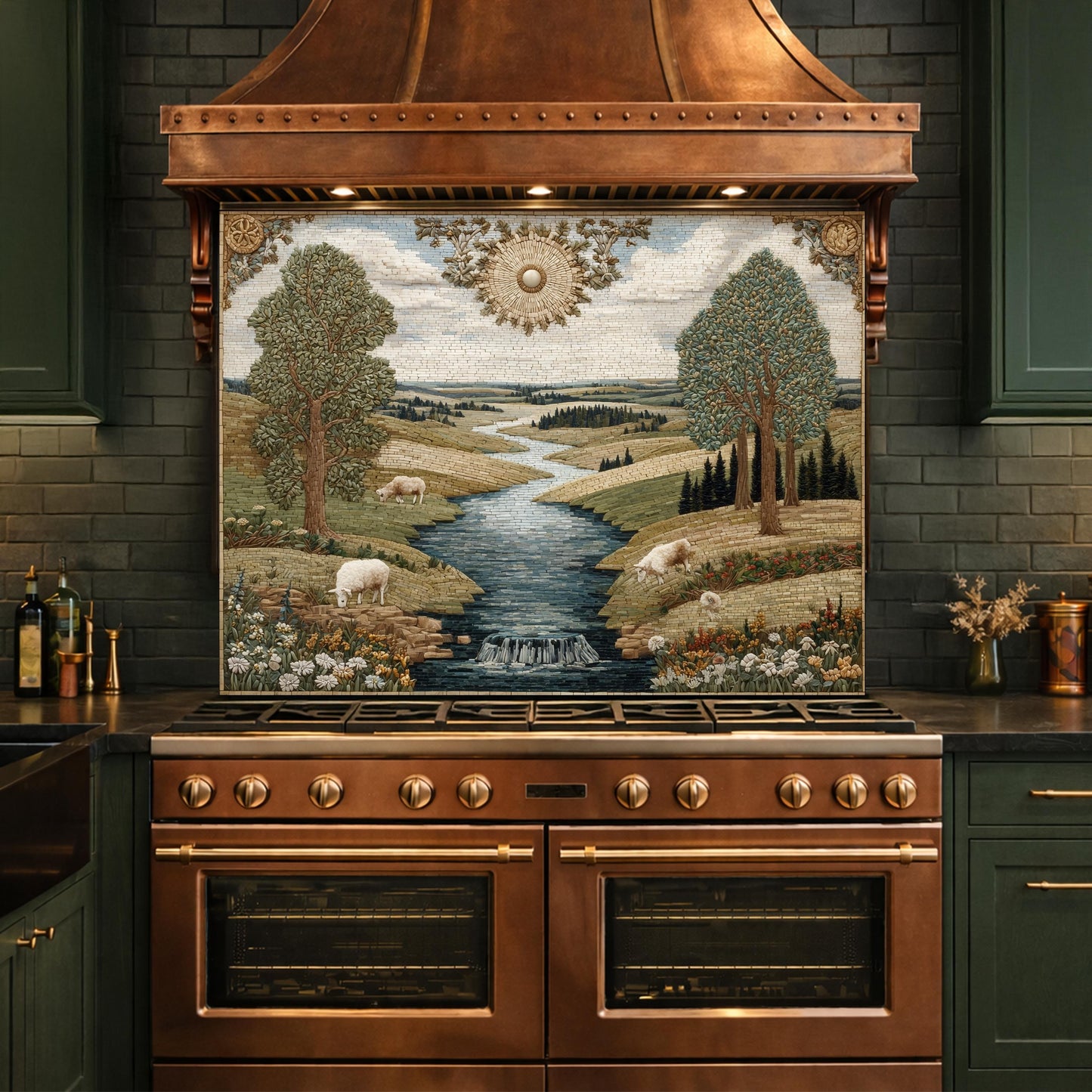 Farmhouse Landscape Tempered Glass Backsplash, Rustic Country Kitchen Decor