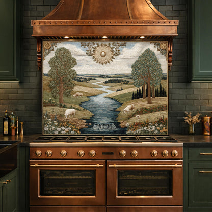 Farmhouse Landscape Tempered Glass Backsplash, Rustic Country Kitchen Decor