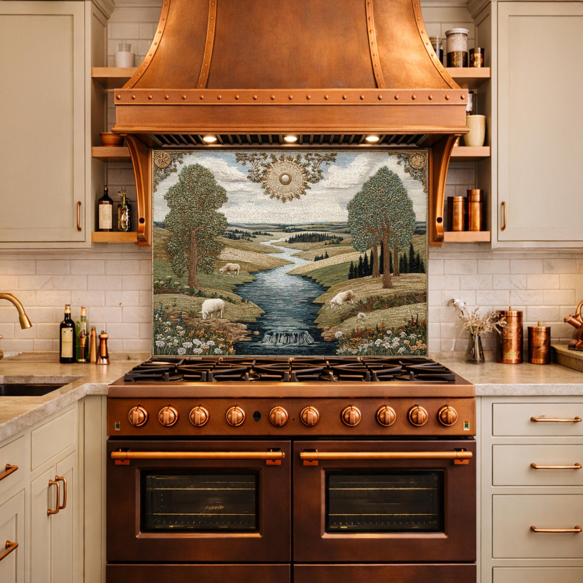 Farmhouse Landscape Tempered Glass Backsplash, Rustic Country Kitchen Decor
