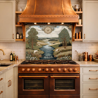 Farmhouse Landscape Tempered Glass Backsplash, Rustic Country Kitchen Decor