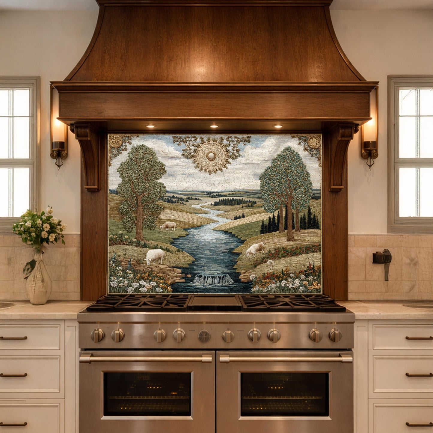 Farmhouse Landscape Tempered Glass Backsplash, Rustic Country Kitchen Decor