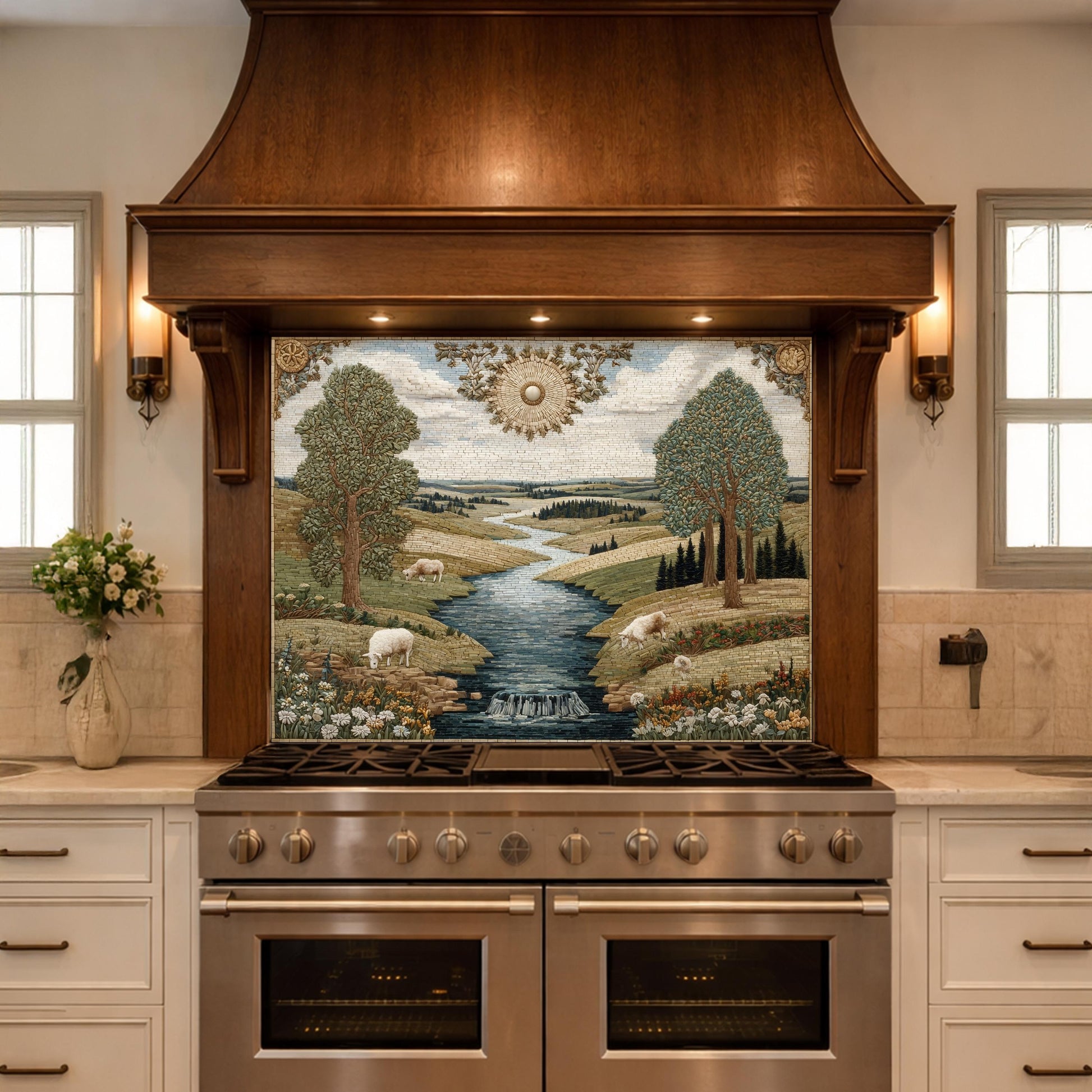 Farmhouse Landscape Tempered Glass Backsplash, Rustic Country Kitchen Decor