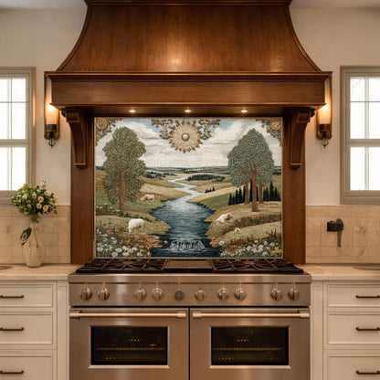 Farmhouse Landscape Tempered Glass Backsplash, Rustic Country Kitchen Decor