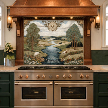 Farmhouse Landscape Tempered Glass Backsplash, Rustic Country Kitchen Decor