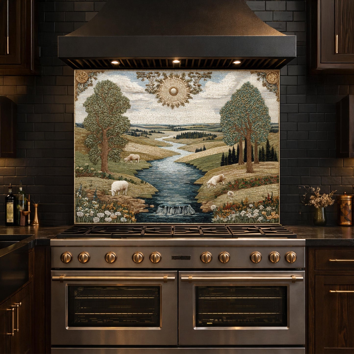 Farmhouse Landscape Tempered Glass Backsplash, Rustic Country Kitchen Decor