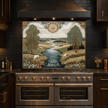 Farmhouse Landscape Tempered Glass Backsplash, Rustic Country Kitchen Decor