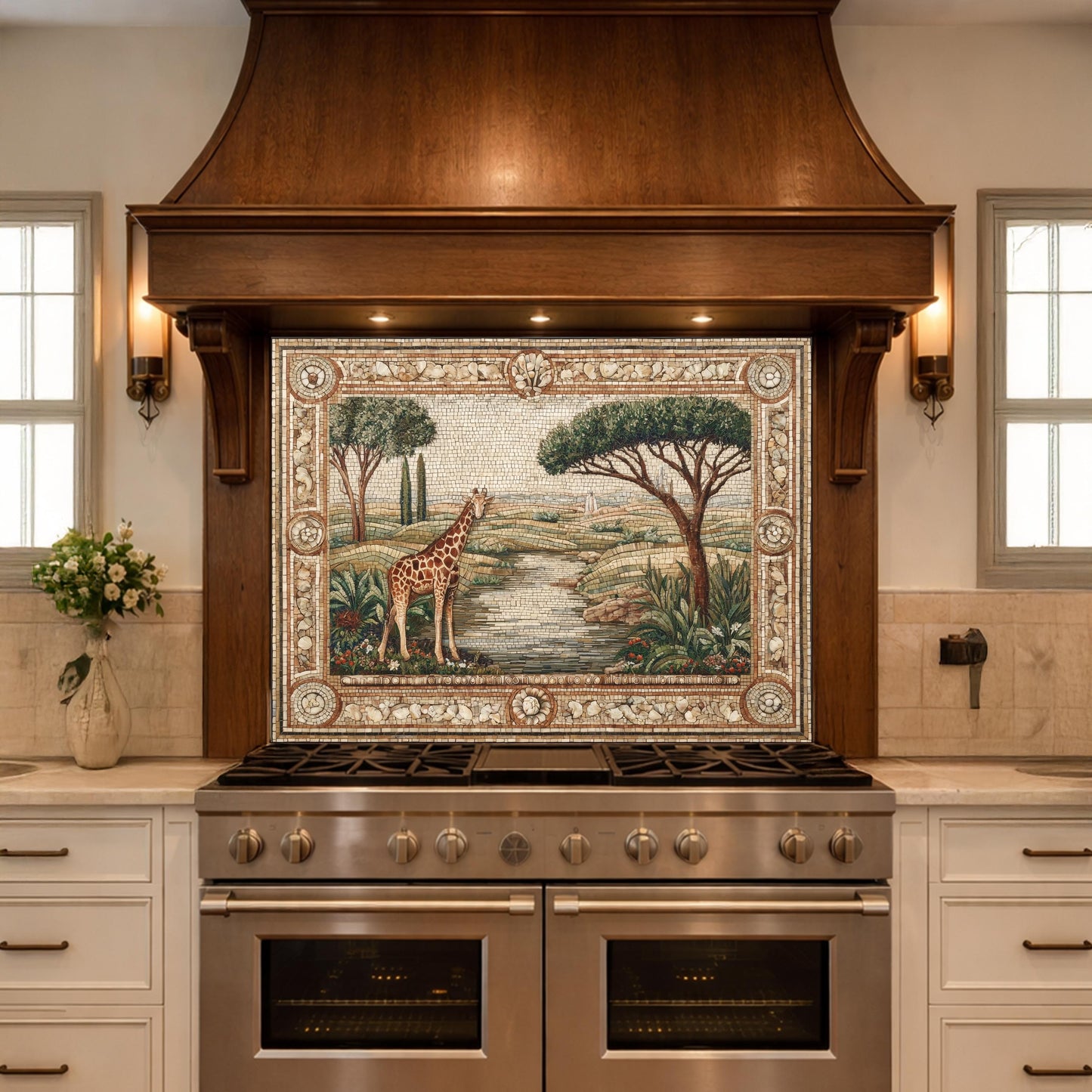 Giraffe Mosaic Tempered Glass Kitchen Backsplash, Safari Wildlife Decor