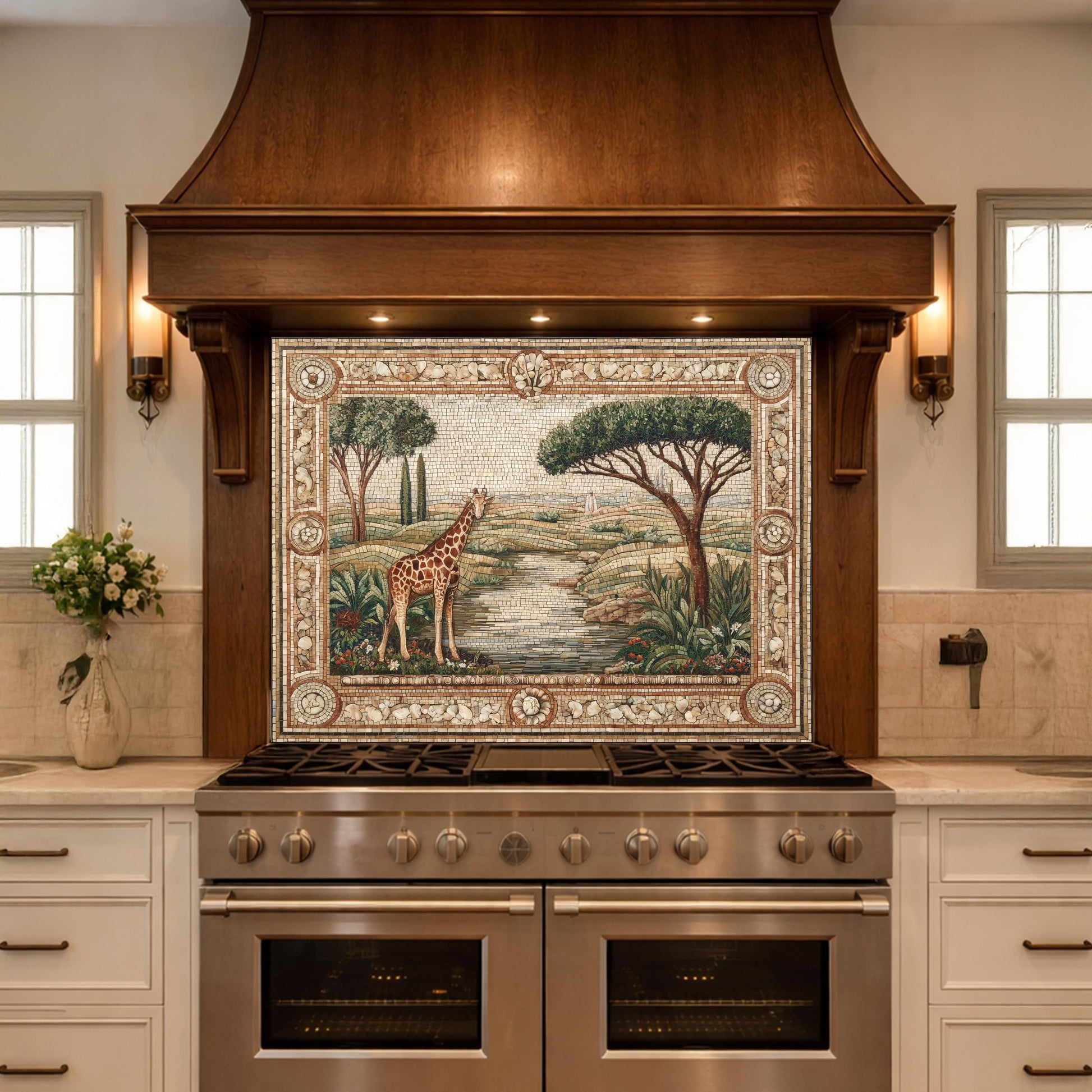 Giraffe Mosaic Tempered Glass Kitchen Backsplash, Safari Wildlife Decor