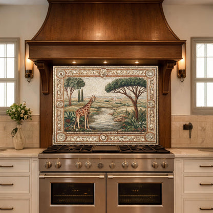 Giraffe Mosaic Tempered Glass Kitchen Backsplash, Safari Wildlife Decor