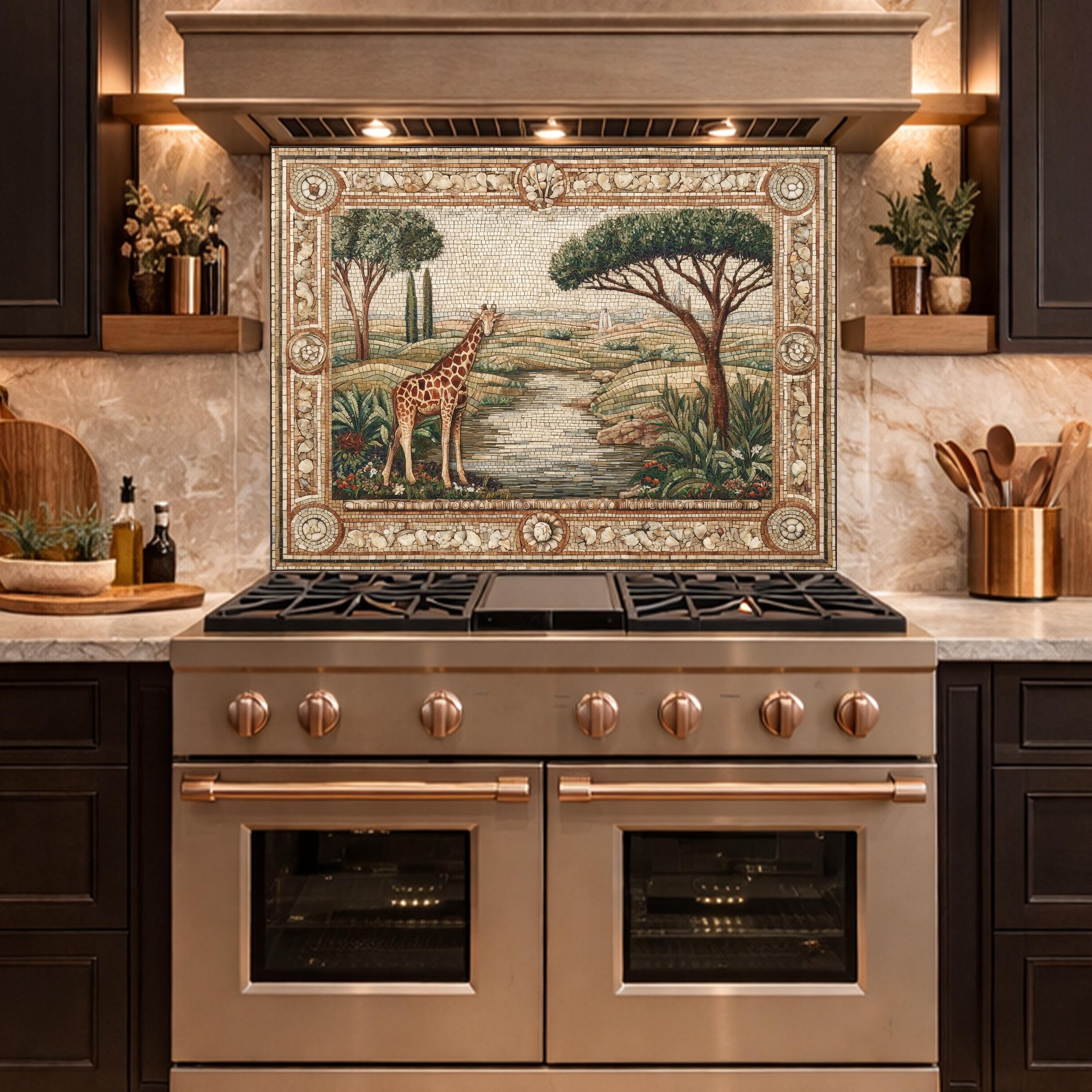 Giraffe Mosaic Tempered Glass Kitchen Backsplash, Safari Wildlife Decor