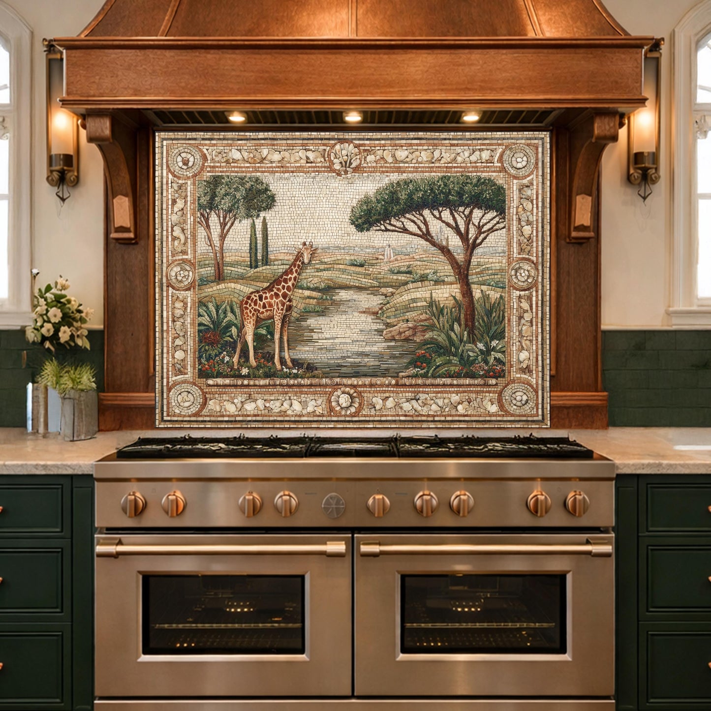 Giraffe Mosaic Tempered Glass Kitchen Backsplash, Safari Wildlife Decor