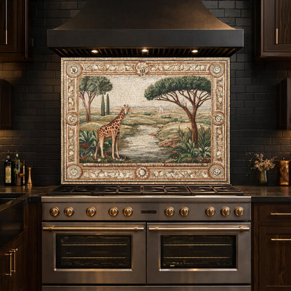 Giraffe Mosaic Tempered Glass Kitchen Backsplash, Safari Wildlife Decor
