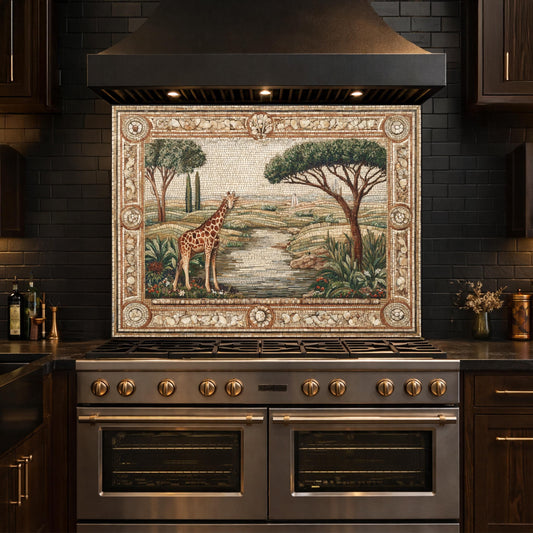 Giraffe Mosaic Tempered Glass Kitchen Backsplash, Safari Wildlife Decor