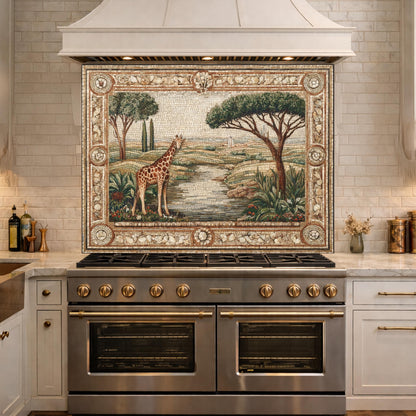 Giraffe Mosaic Tempered Glass Kitchen Backsplash, Safari Wildlife Decor