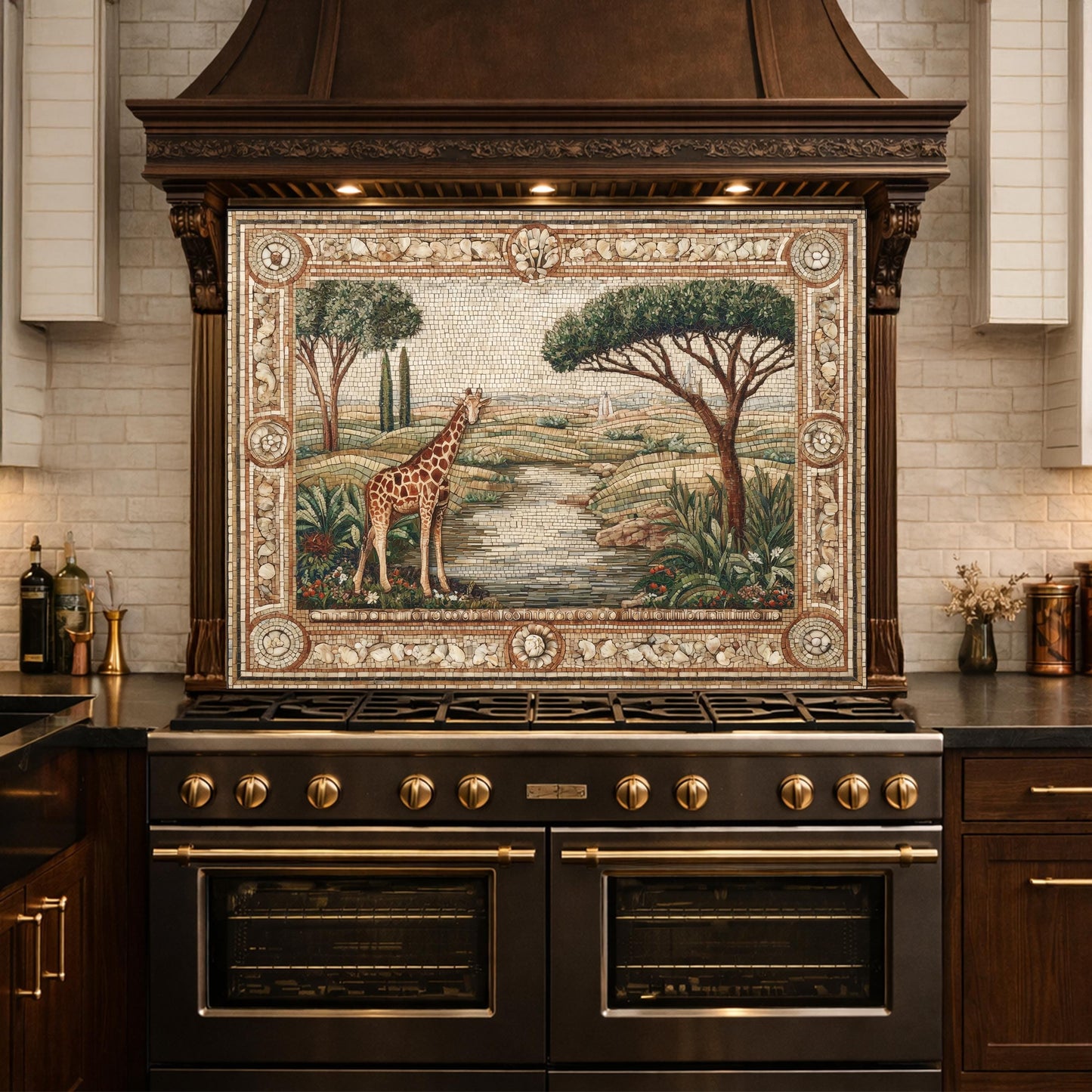 Giraffe Mosaic Tempered Glass Kitchen Backsplash, Safari Wildlife Decor
