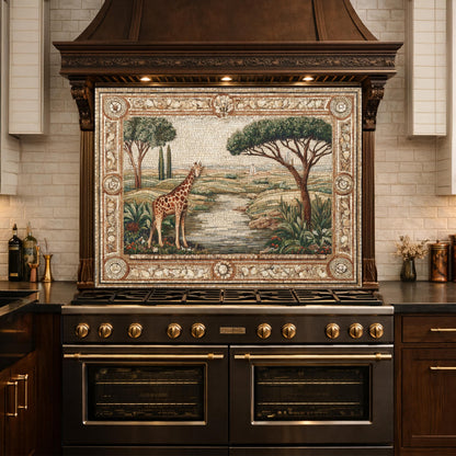 Giraffe Mosaic Tempered Glass Kitchen Backsplash, Safari Wildlife Decor