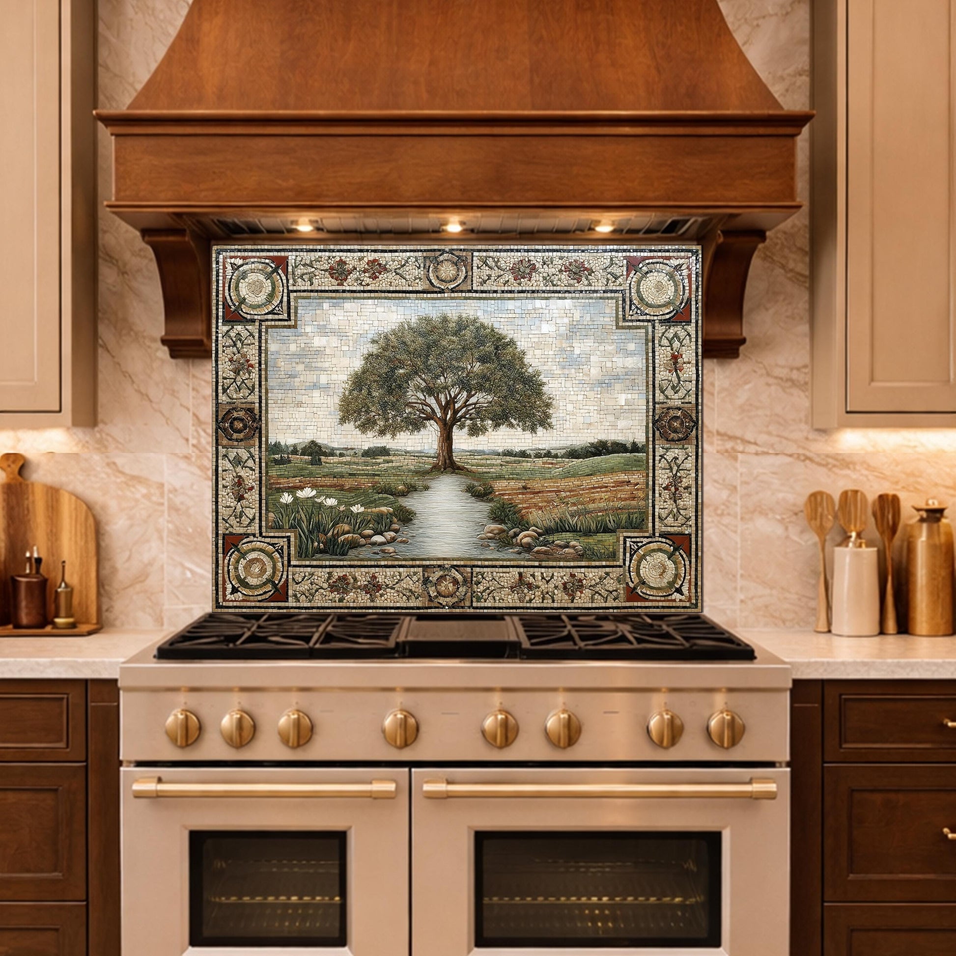 Tempered Glass Tree of Life Kitchen Backsplash, Farmhouse Stove Decor