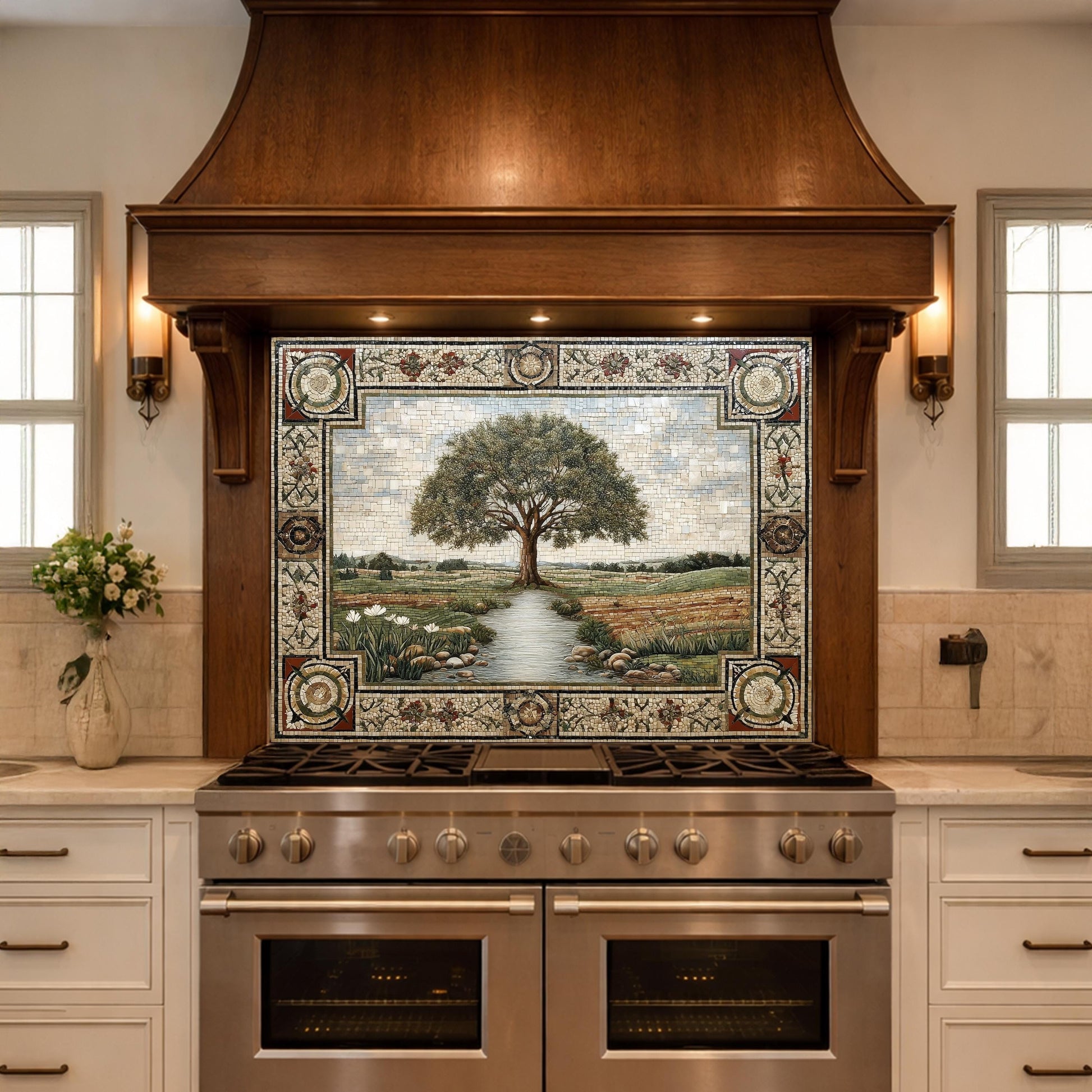 Tempered Glass Tree of Life Kitchen Backsplash, Farmhouse Stove Decor