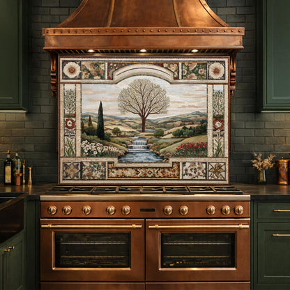 Tempered Glass Tree of Life Kitchen Backsplash, Waterfall Stove Decor