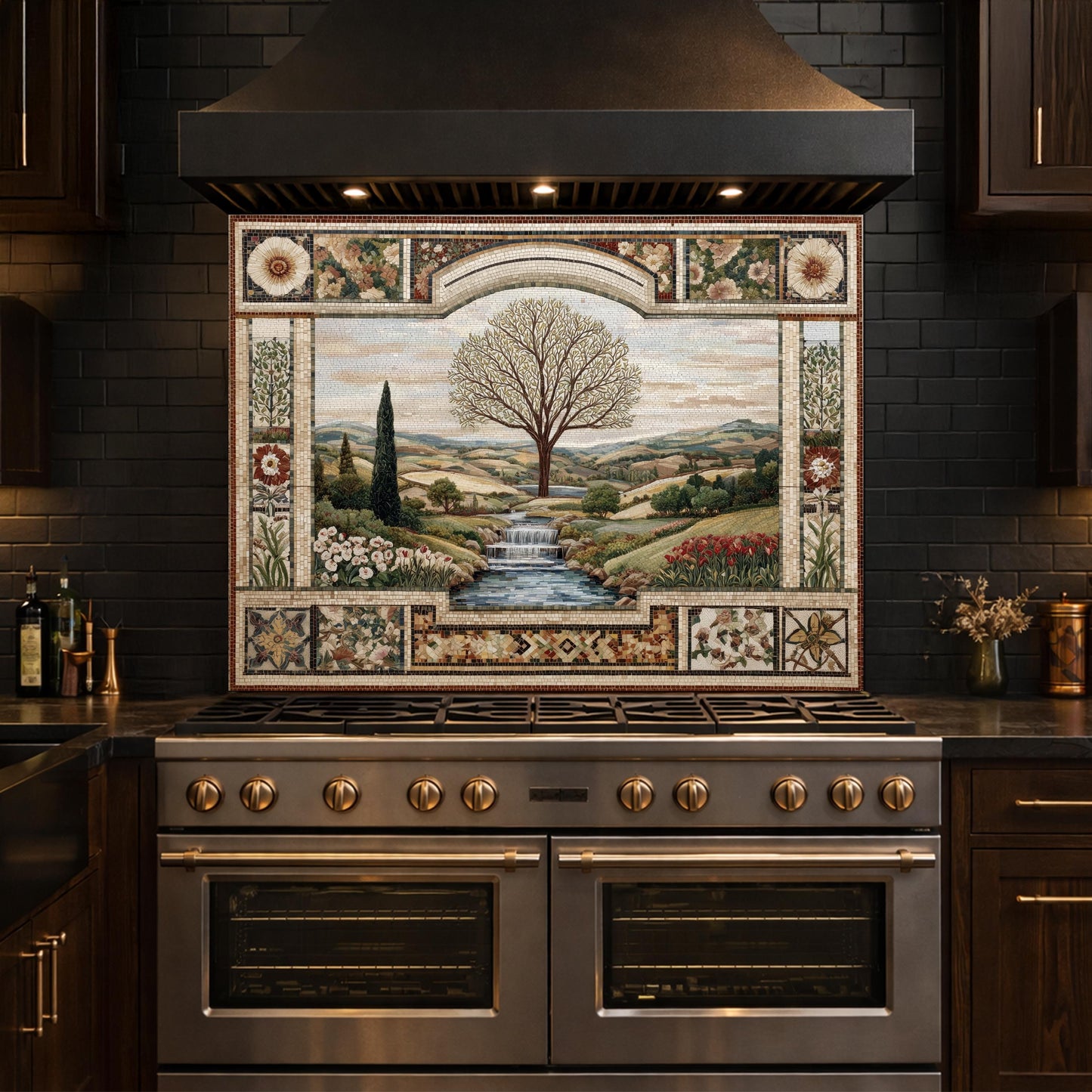 Tempered Glass Tree of Life Kitchen Backsplash, Waterfall Stove Decor