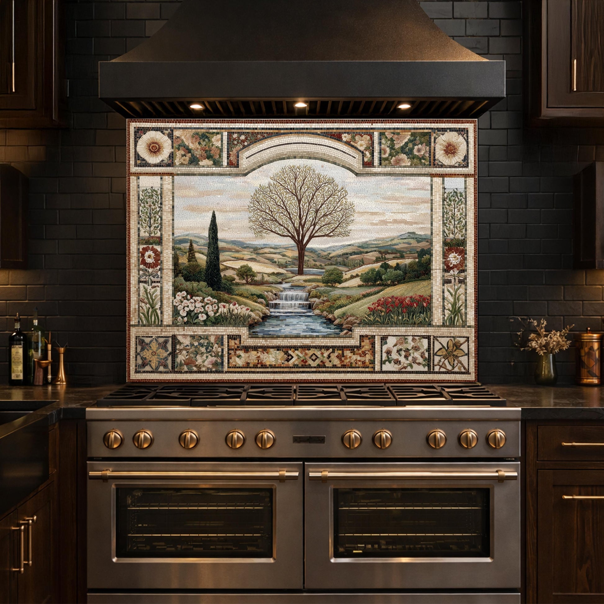 Tempered Glass Tree of Life Kitchen Backsplash, Waterfall Stove Decor