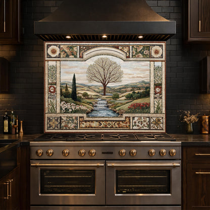 Tempered Glass Tree of Life Kitchen Backsplash, Waterfall Stove Decor