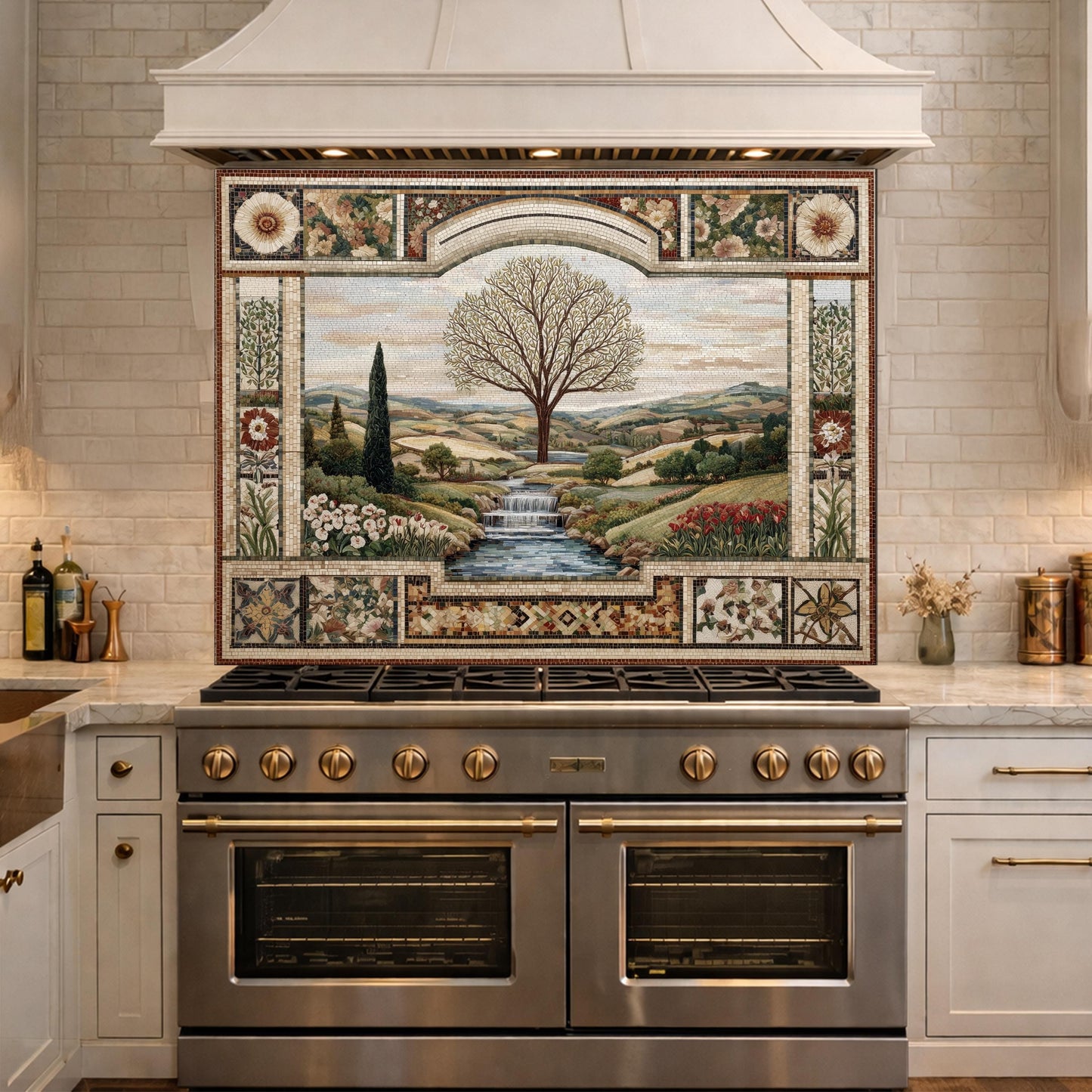 Tempered Glass Tree of Life Kitchen Backsplash, Waterfall Stove Decor