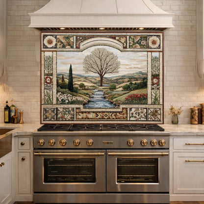 Tempered Glass Tree of Life Kitchen Backsplash, Waterfall Stove Decor