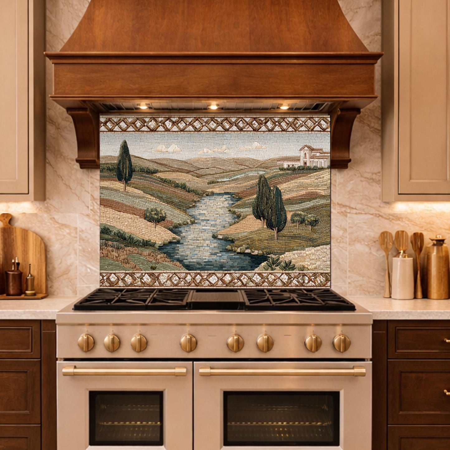 Tuscan Landscape Tempered Glass Backsplash, Mediterranean Kitchen Decor, Stove Panel