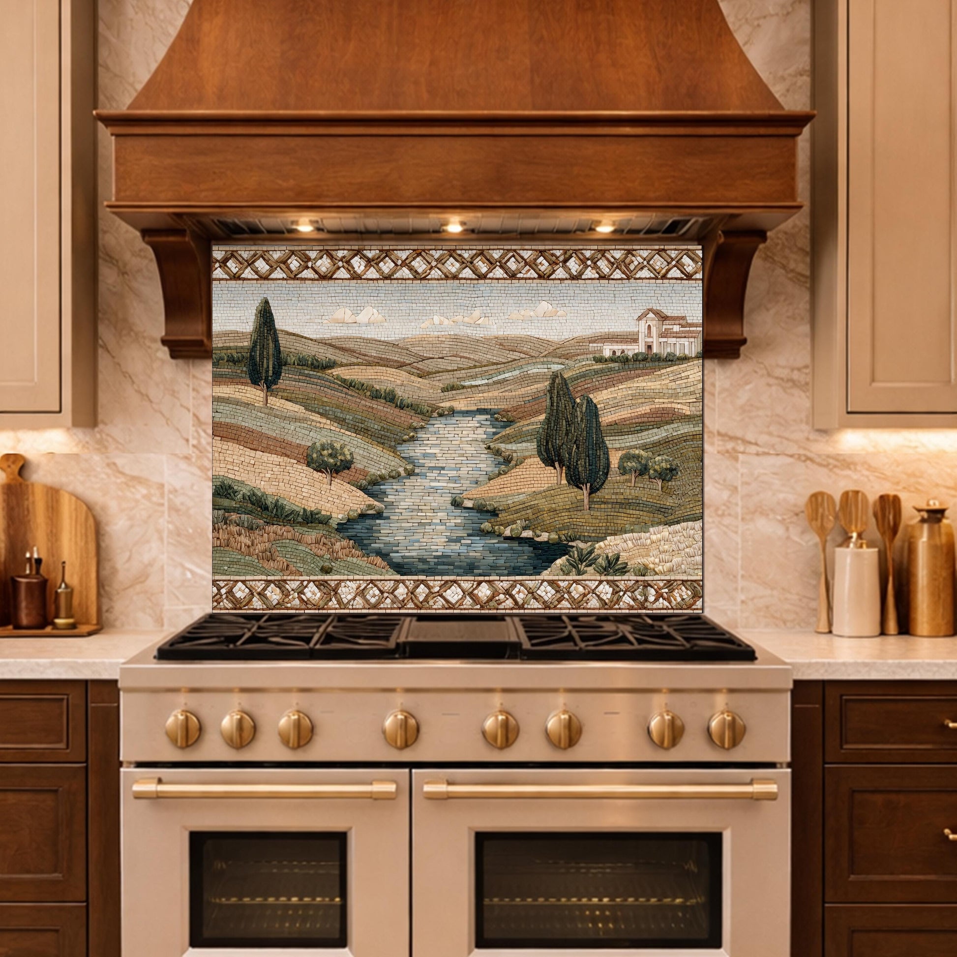 Tuscan Landscape Tempered Glass Backsplash, Mediterranean Kitchen Decor, Stove Panel