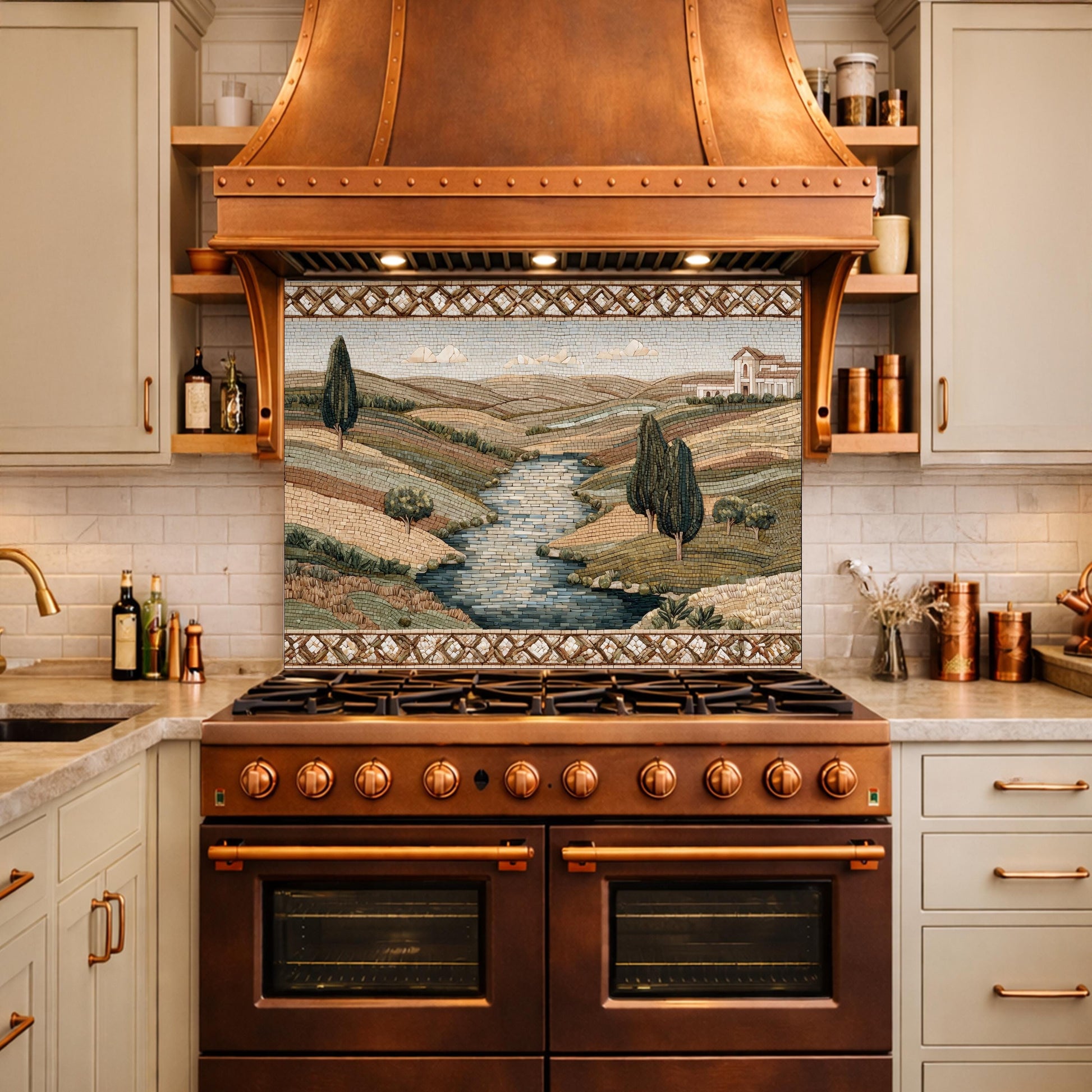 Tuscan Landscape Tempered Glass Backsplash, Mediterranean Kitchen Decor, Stove Panel