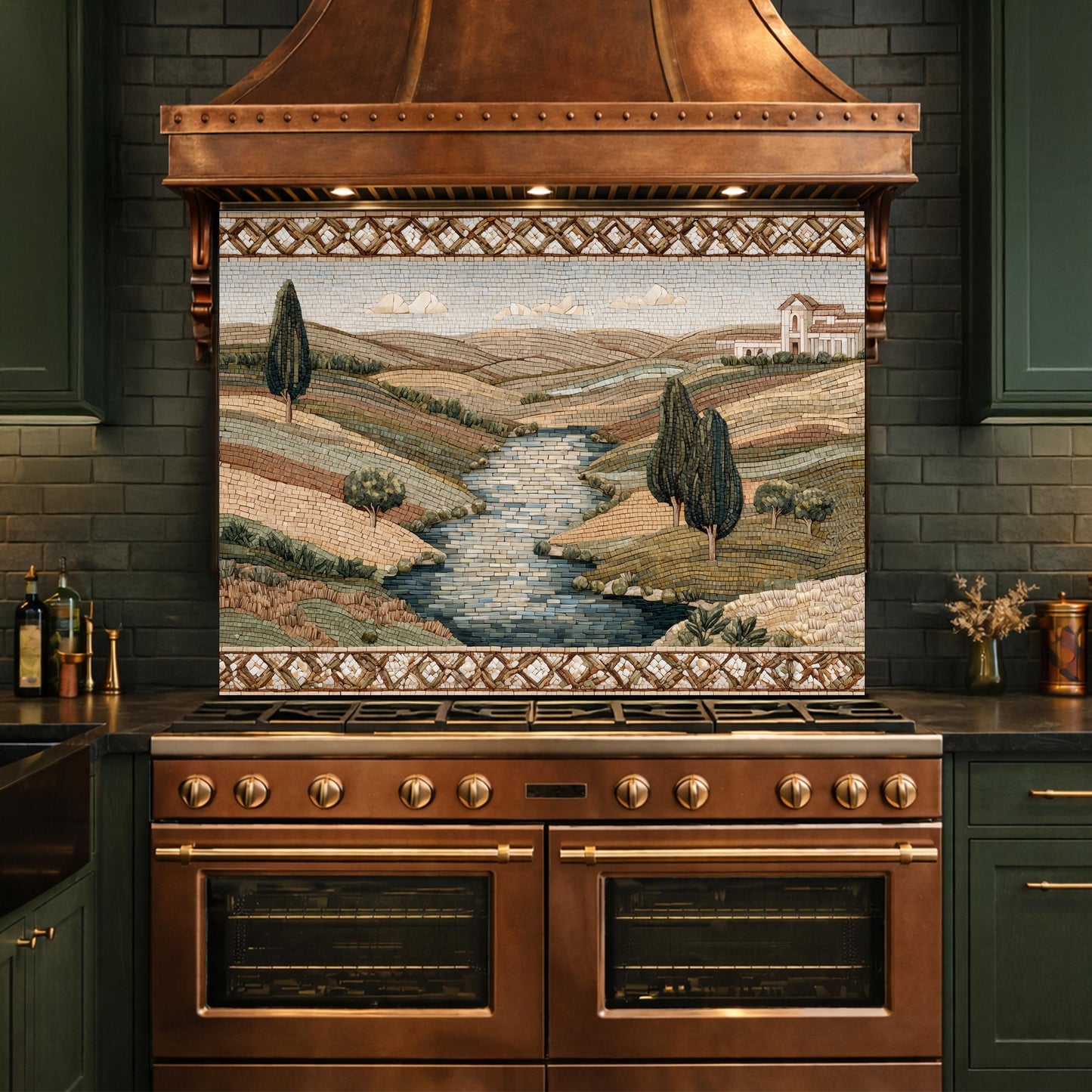 Tuscan Landscape Tempered Glass Backsplash, Mediterranean Kitchen Decor, Stove Panel