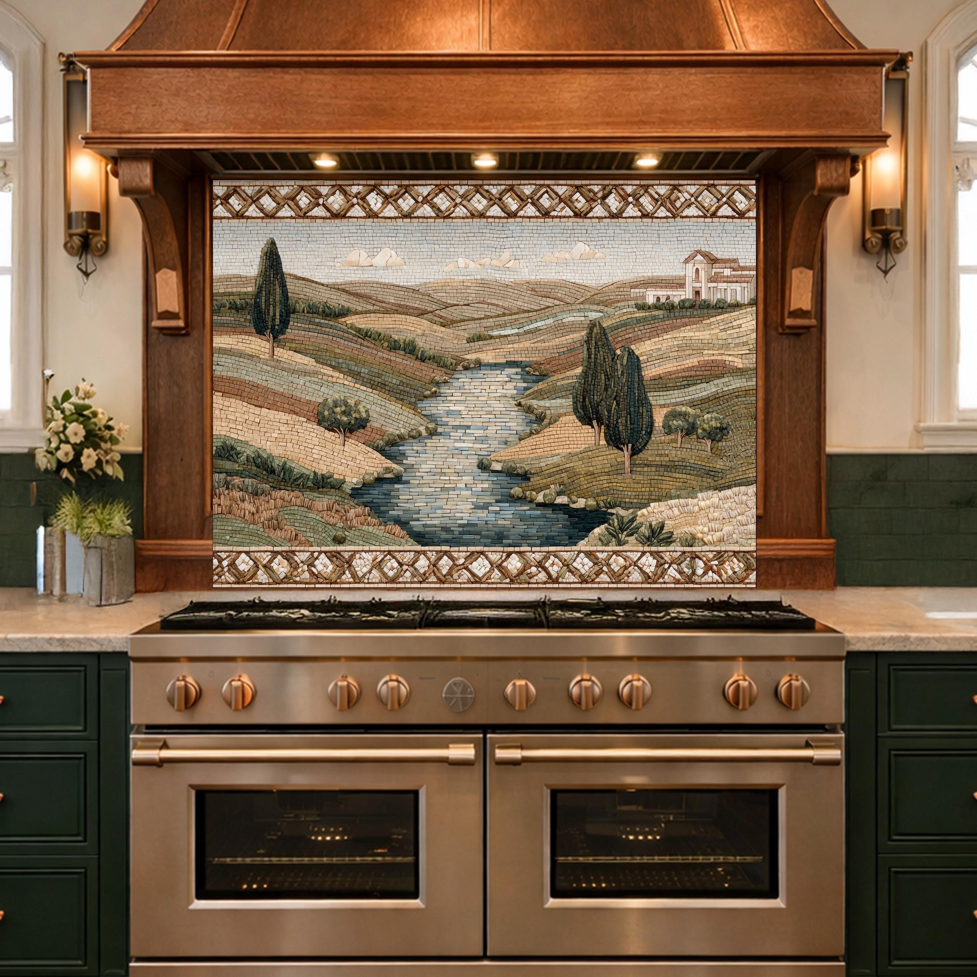 Tuscan Landscape Tempered Glass Backsplash, Mediterranean Kitchen Decor, Stove Panel