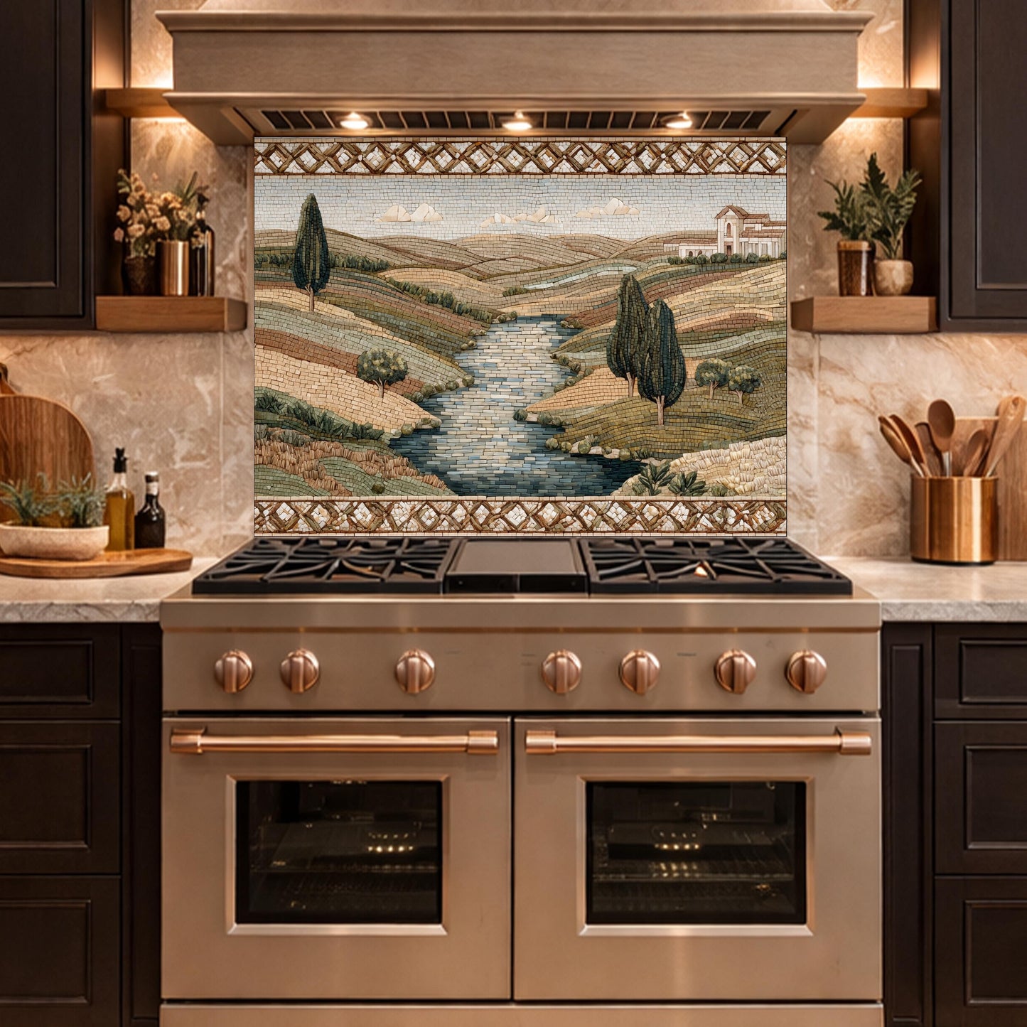 Tuscan Landscape Tempered Glass Backsplash, Mediterranean Kitchen Decor, Stove Panel
