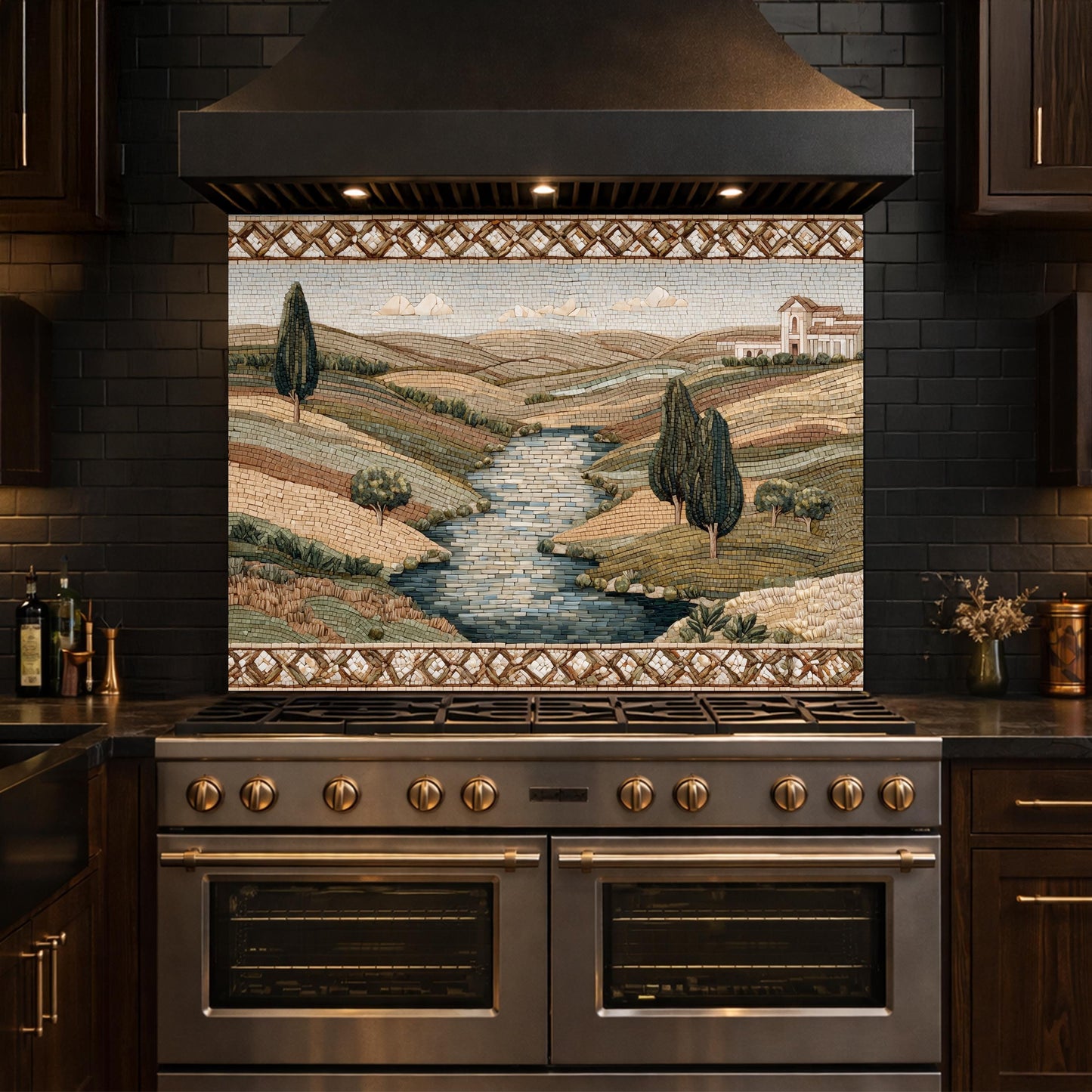 Tuscan Landscape Tempered Glass Backsplash, Mediterranean Kitchen Decor, Stove Panel