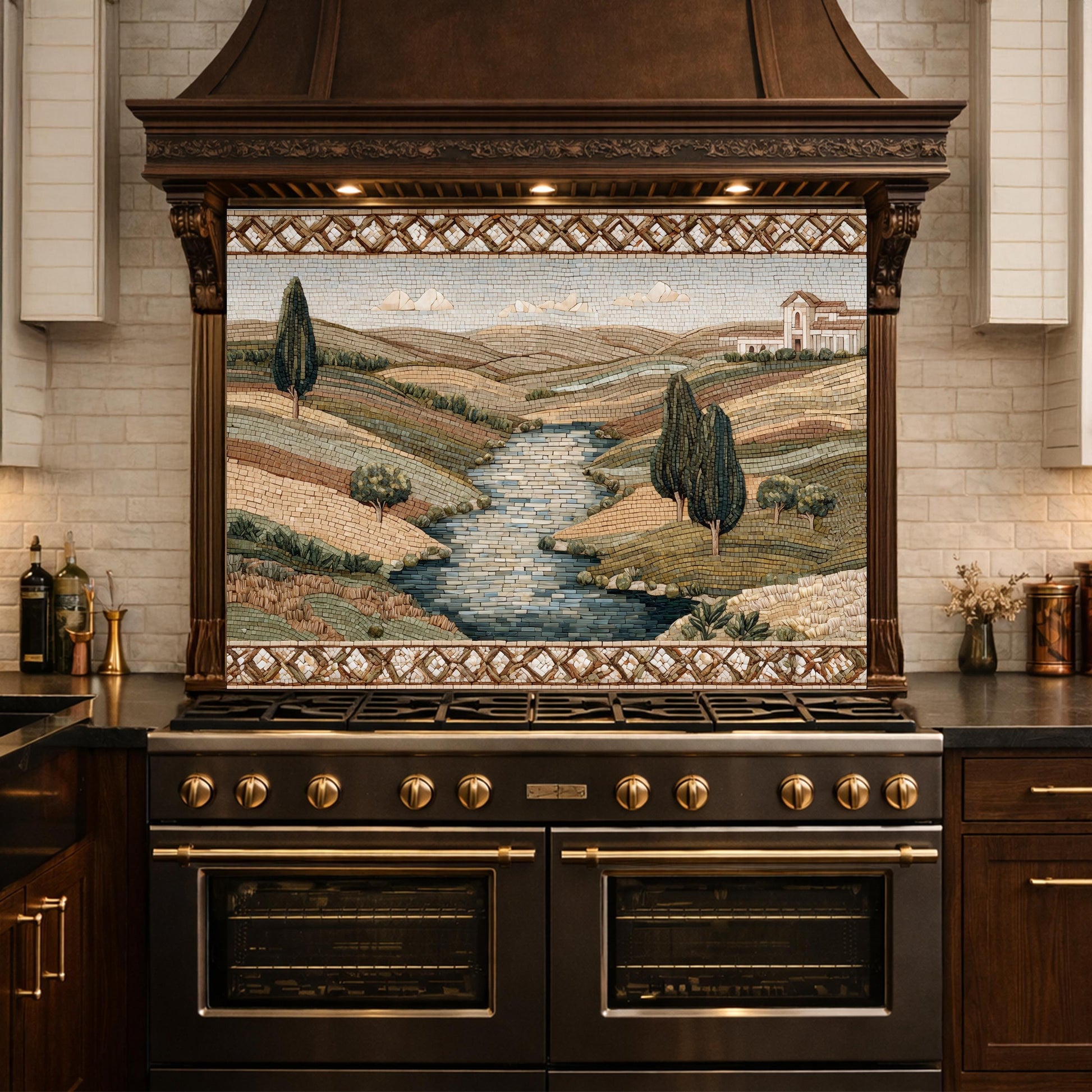 Tuscan Landscape Tempered Glass Backsplash, Mediterranean Kitchen Decor, Stove Panel