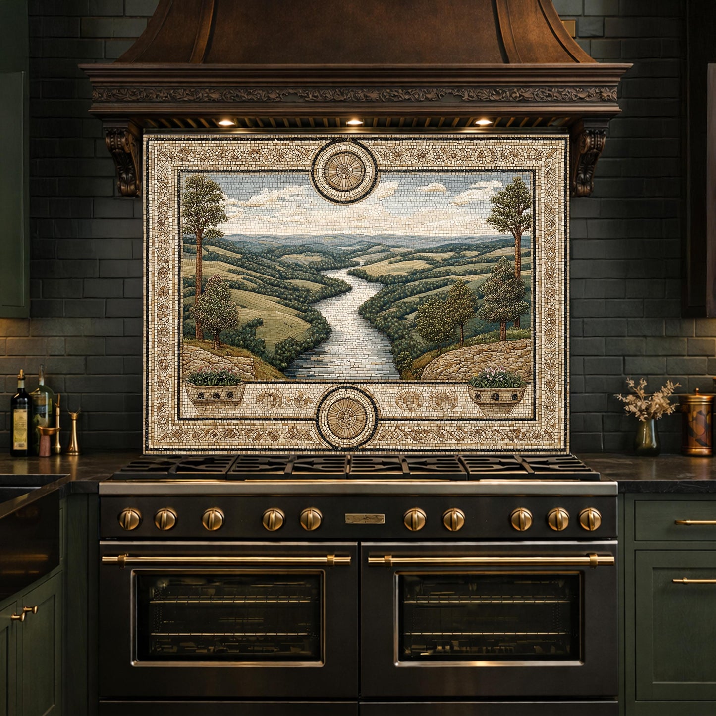 Tuscan Landscape Tempered Glass Backsplash, Mediterranean Kitchen Stove Decor