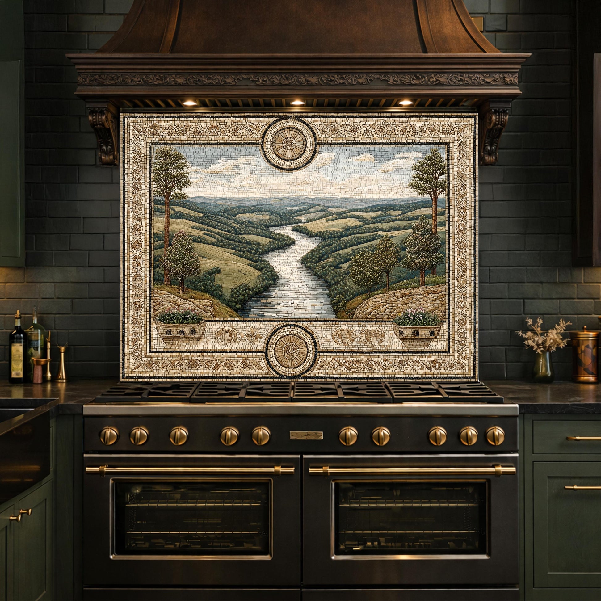 Tuscan Landscape Tempered Glass Backsplash, Mediterranean Kitchen Stove Decor