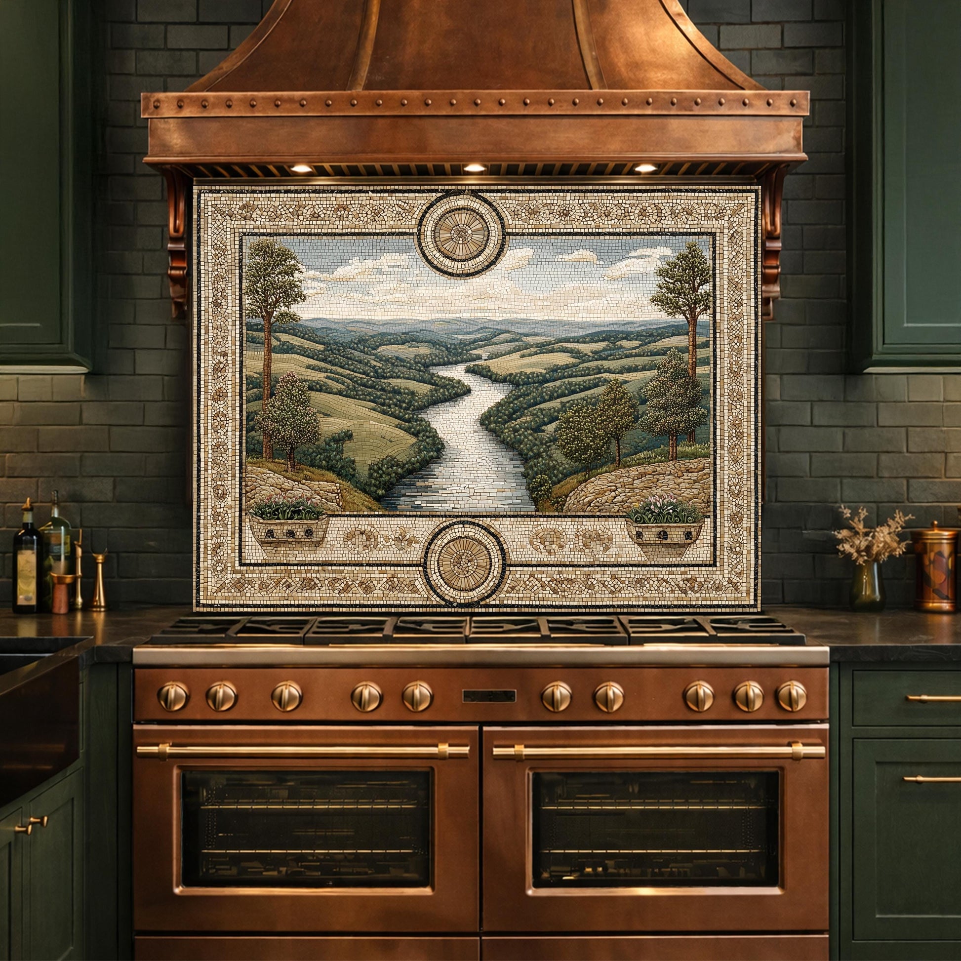 Tuscan Landscape Tempered Glass Backsplash, Mediterranean Kitchen Stove Decor